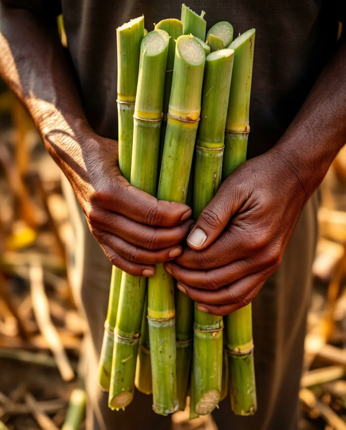 Manos de productor campesino sosteniendo caña de azúcar